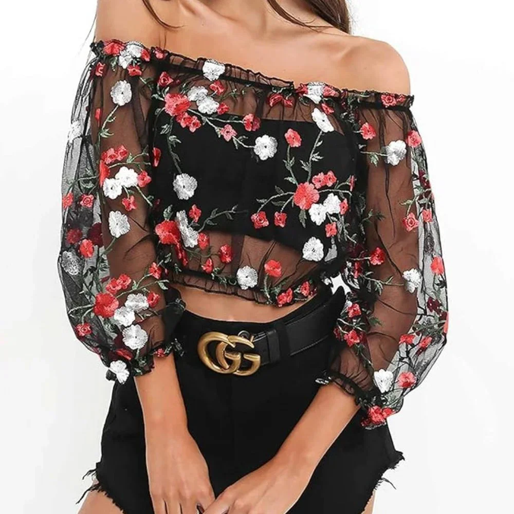 Sexy floral embroidery mesh T-shirt